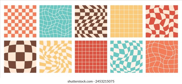 Groovy psychedelic checkerboard vector backgrounds set. Retro 70s abstract wavy checkered patterns