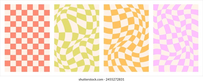 Groovy psychedelic checkerboard vector backgrounds set. Retro 70s abstract wavy checkered prints