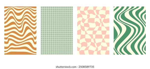 Groovy psychedelic checkered and wavy patterns set. Vector abstract backgrounds pack in Y2K style