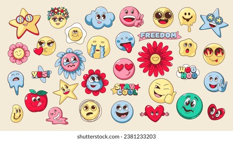 Groovy psychedelic emoji set vector illustration. Cartoon isolated retro happy or sad emoticons and stickers with crazy hippy font, emoji of flower and heart, star and apple character with trippy face