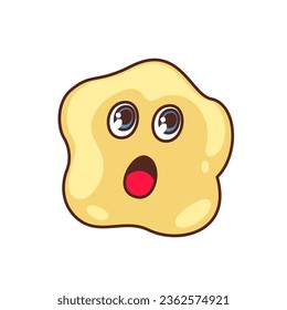 Groovy psychedelische Emoji mit Schockausdruck, Vektorgrafik. Cartoon einzeln funky Emoticon Überraschungsaugen und offen auf gelbem Trippy-Gesicht, gelbe lustige Emoji mit erstaunlich verängstigten Emotionen