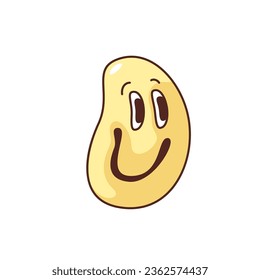 Groovy psychedelic emoji vector illustration. Cartoon isolated retro funky character sticker, trippy comic emoticon of weird shape with eyes and smile on groovy yellow blob face, crazy mascot
