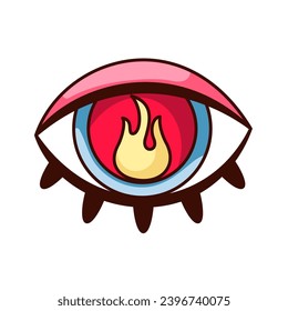 Groovy psychedelic eye with fire vector illustration. Cartoon isolated retro hippie sticker of trippy crazy eye with weird flame inside red pupil and eyelashes, hypnotic look of love and passion