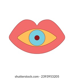 Groovy psychedelic eye in lips in retro pop art hippie style.