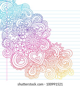 Groovy Psychedelic Flower Outline Doodles Design Element on Lined Sketchbook Paper Background- Vector Illustration