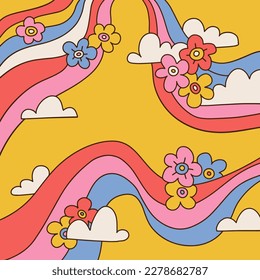 Groovy psychedelic flower square background. Abstract contour line art. Blossom rainbow traces. Colorful blooms banner. Funny floral background. Vector 70s retro illustration