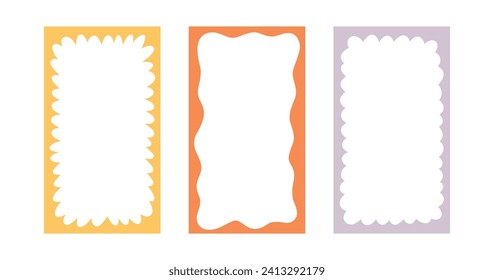 Groovy psychedelic frames in hippie style. Psychedelic retro border. Funky text box background. Pop vintage groovy rectangle frame. Vector illustration. Design element for social media story and post.