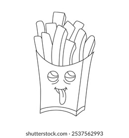 Groovy psychedelic French fries box with tongue on comic face vector illustration