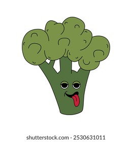 Groovy psychedelic green broccoli character with tongue sticking out vector illustration