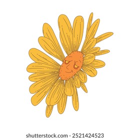 Groovy psychedelic happy flower, yellow daisy with funky smile vector illustration
