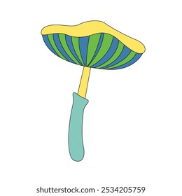 Groovy psychedelic hippie mushroom with blue and green stripes on yellow cap vector illustration