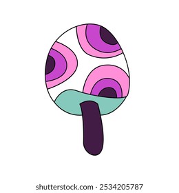 Groovy psychedelic hippie mushroom with pattern of purple circles on white cap vector illustration