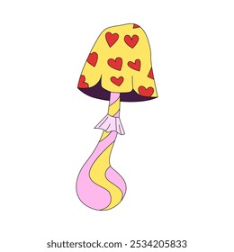 Groovy psychedelic hippie mushroom with red hearts on yellow cap vector illustration