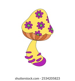 Groovy psychedelic hippie mushroom with summer daisy flowers on cap vector illustration