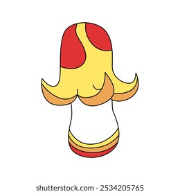 Groovy psychedelic hippie mushroom with yellow cap of funny shape and red spots vector illustration