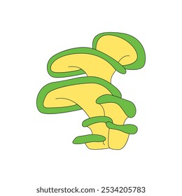 Groovy psychedelic hippie mushroom, yellow green forest toadstools bunch vector illustration