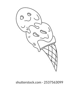 Groovy psychedelic ice cream balls on waffle cone, sweet sundae with distorted faces vector illustration