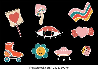 Groovy psychedelic icons hand drawn set