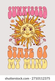 Groovy psychedelic illustration featuring a stylized sun with a smiling face and swirly eyes surrounded by flowers and mushrooms