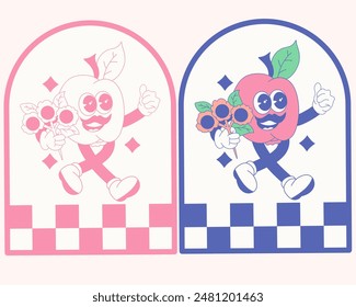 groovy psychedelic illustration of a peach holding a flower for a date,checkerboard frame adds of style,design can be used for a variety of purposes, including stickers,mascot logos,and woven clothing