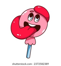 Groovy psychedelic lollipop character vector illustration. Cartoon isolated trippy strawberry candy, funny sweet glossy ball on stick with comic face and long tongue to lick, cute lollipop mascot