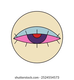 Groovy psychedelic look of pink open eye on round sticker vector illustration