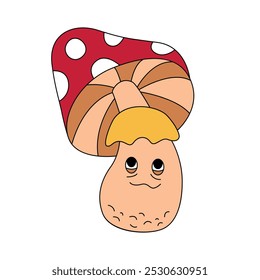 Groovy psychedelic magic mushroom character, fly agaric with trippy face and hat vector illustration