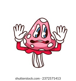 Groovy psychedelic mushroom character vector illustration. Cartoon isolated retro magic trippy fungus emoji with fear on face and arms, scary mushroom of hippie vibes, hallucination and acid trip