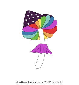 Groovy psychedelic mushroom with rainbow rays pattern on black polka dot cap vector illustration