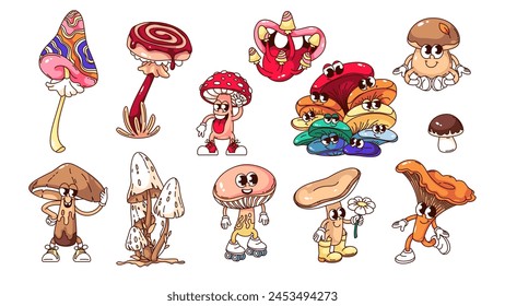 Groovy psychedelic mushrooms cartoon characters and stickers set. Funny retro colorful fungus family, poisonous surreal mushrooms. Cartoon mascots collection of 70s 80s style vector illustration