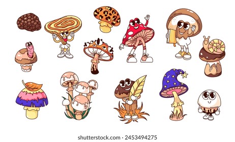 Groovy psychedelic mushrooms cartoon characters and stickers set. Funny retro kawaii mushroom and snail, fly agaric with eyes on cap. Cartoon mascots collection of 70s 80s style vector illustration