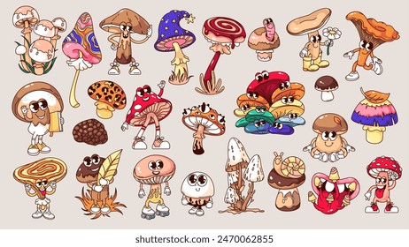 Groovy psychedelic mushrooms cartoon characters and stickers set. Funny retro magic trippy collection of forest fungus, toadstools. Crazy cartoon mushroom mascots of 70s 80s style vector illustration