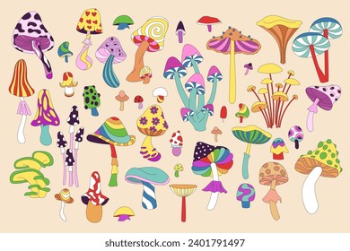 Groovy psychedelic mushrooms set. Retro funky stickers of magic toadstool and rainbow fungus, funny fly agaric for vintage witchcraft, hallucination trip or hippy party cartoon vector illustration