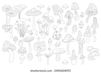 Groovy psychedelic outline mushrooms set. Retro funky stickers of magic toadstool and rainbow fungus, funny fly agaric vintage witchcraft, hallucination trip or hippy party line vector illustration