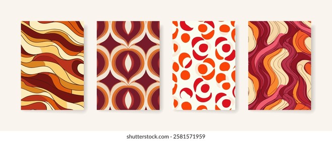 Groovy psychedelic pattern background cover design. modern background design with trendy and retro color. vintage, warm tones of red and orange. placard poster vector cover template.