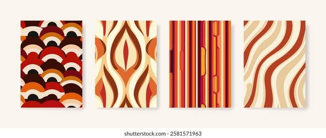 Groovy psychedelic pattern background cover design. modern background design with trendy and retro color. vintage, warm tones of red and orange. placard poster vector cover template.