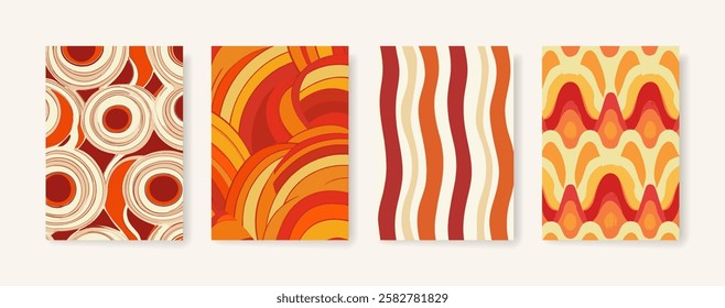 Groovy psychedelic pattern background cover design. modern background design with trendy and retro color. vintage, warm tones of red and orange. placard poster vector cover template.