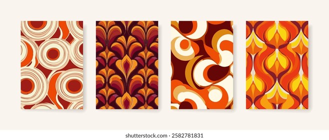 Groovy psychedelic pattern background cover design. modern background design with trendy and retro color. vintage, warm tones of red and orange. placard poster vector cover template.