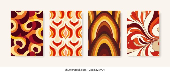 Groovy psychedelic pattern background cover design. modern background design with trendy and retro color. vintage, warm tones of red and orange. placard poster vector cover template.