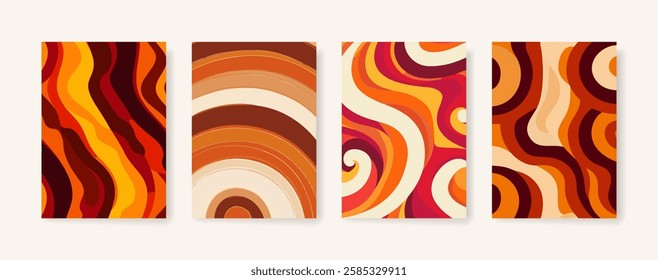 Groovy psychedelic pattern background cover design. modern background design with trendy and retro color. vintage, warm tones of red and orange. placard poster vector cover template.