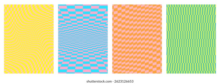 Groovy psychedelic pattern backgrounds with abstract checkered colors. Vector groovy color checker wavy pattern backgrounds with psychedelic optical illusion