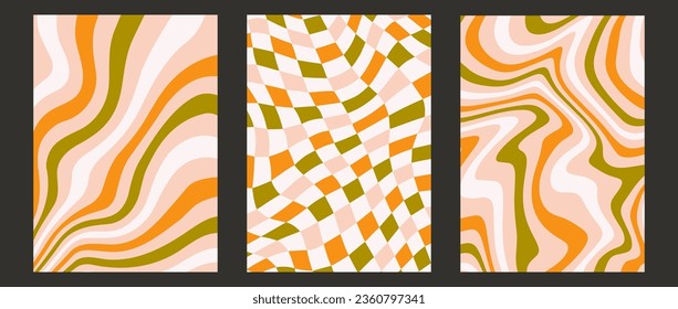Groovy psychedelic pattern posters set. Wavy lines, checkerboard and sunburst backgrounds. Colorful retro liquid design collection. Vintage distorted wallpapers. Vector funky backdrop pack