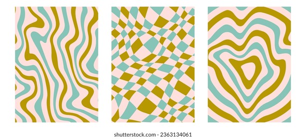 Groovy psychedelic pattern posters set. Wavy lines, checkerboard and rings backgrounds. Colorful retro liquid design collection. Vintage distorted wallpapers. Vector funky green blue backdrop pack