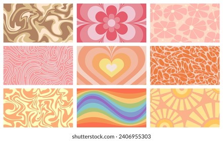 Groovy psychedelic pattern set. Retro hippie backgrounds with hypnosis print of flowers and heart, geometric design of sun, marble or liquid abstract swirls and waves cartoon vector illustration