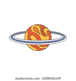 Groovy psychedelic planet Saturn with ring, yellow and red swirls vector illustration