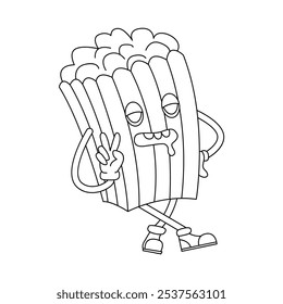 Groovy psychedelic popcorn box showing hippie peace and love gesture vector illustration