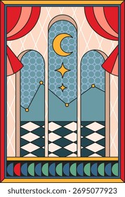 Póster psicodélico con ilusiones y gráficos ópticos. Vector en estilo plano, Formas geométricas y arcos, ventanas con constelación y vista a la luna creciente. Abstractas diseño de Anuncio retro