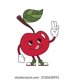 Groovy psychedelic red apple character with green leaf, tongue sticking out vector illustration