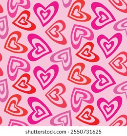 Groovy Psychedelic red and pink hearts seamless pattern. For Valentine’s day print, wrapping paper , fabric and textile 
