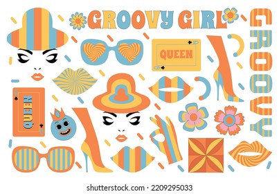 Groovy Psychedelic Retro 90er-Stil Patches Sammlung. Groovy trendige Retro-Hippie-Aufkleberpackung. Gesicht, Bein, Spielkarte, Blume, moderne Form, 